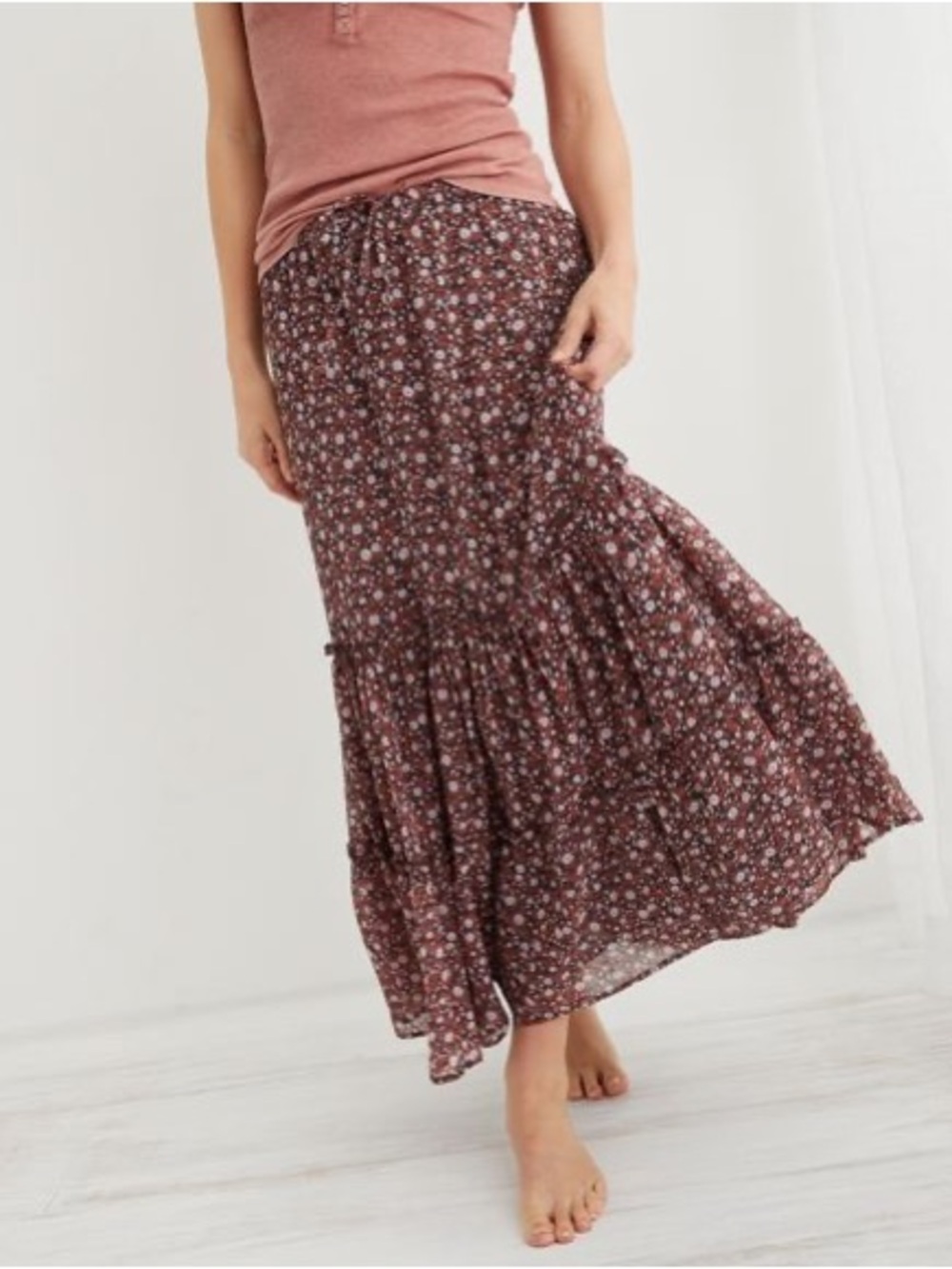 Aerie Garden Party Floral Tiered Midi Skirt Purple Womens Size Large